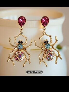Gold Spider Drop Earrings with Pink Crystal Accent